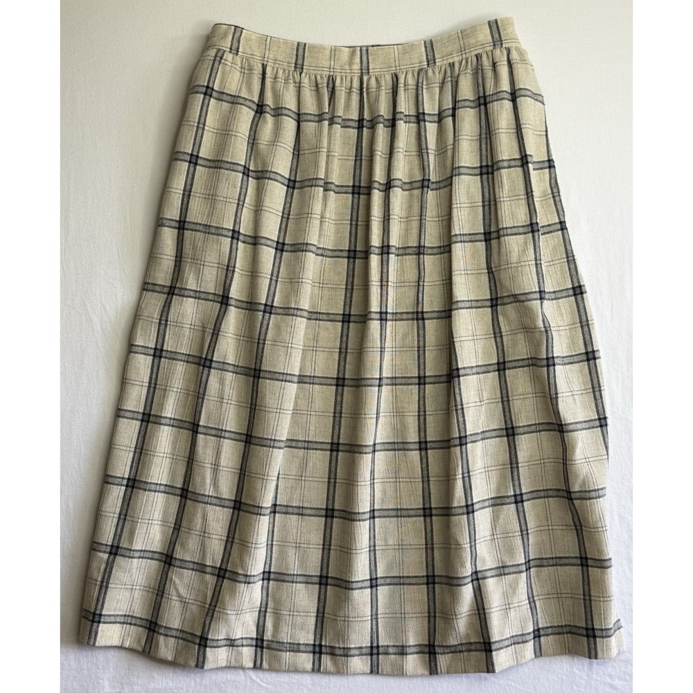 Vintage Ali Miles Petites Size 12 Beige Plaid A-Line Midi Skirt Preppy School